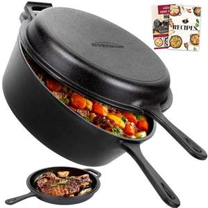 lot 3897 image: Overmont Cast Iron Skillet with Lid - 2-in-1 Cast Iron Dutch Oven - 3.2QT Deep Pot with Frying Pan - Pre-seasoned Cookware Multi Cooker Skillet - Dutch Oven Pot with Recipe for Grill Induction Stovetop Camping(10.5)