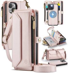 lot 4130 image: Strapurs for iPhone 14 Detachable Wallet Case Compatible with Magsafe for Women, RFID Blocking 9-Card Holder Zipper Wrist Strap Lanyard PU Leather Magnetic Phone Case for iPhone 14 6.1, Rose Gold