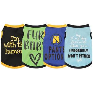 lot 4133 image: Elevate Your Pets Seasonal Style with Playful Panache 4-Piece Set of Dog Shirts Featuring Hilarious Printed Patterns for Airy Comfort in Summer and Fall Classic Set 2 Large