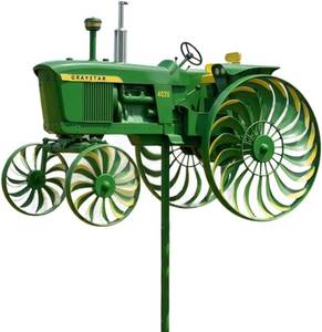 lot 4360 image: Garden Wind Spinner, Green Tractor Windmill Stake with Rotating Wheels for Patio Yard Garden, Unique Outdoor Sculptures Ornament Gift for Friends Family (Tractor)