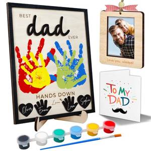 lot 4375 image: 10 Best Dad Ever Hands Down Sign DIY Dad Gifts from Kids Handprint Kit with Acrylic Paint, Toddler Craft Birthday Gift Fathers Day for Daddy, Papa Family Plaque with Daughter, Son Names HF90-D