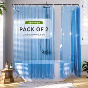 lot 4380 image: WellColor Plastic Shower Curtain Liner Pack of 2, Lightweight Clear Plastic Shower Liner PEVA 72 x 72 Waterproof Shower Curtains for Bathroom with 3 Strong Magnets and Rustproof Grommets, Clear Blue