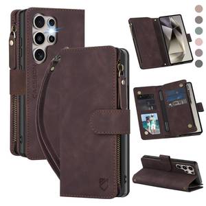 lot 4413 image: CAESBON for Samsung Galaxy S24-Ultra-Wallet Case with RFID Blocking Card Slots (6 Cards)  Soft PU Leather Magnetic Snap Zipper Pocket  Crossbody Wrist Strap Protective Phone Cover - Coffee