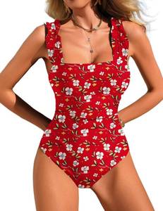 lot 4428 image: Ekouaer Womens One Piece Swimsuits Square Neck Tummy Control Bathing Suit with Adjustable Ruffled Straps Swimwear X-Lrage, Red Floral