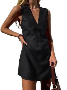 lot 4431 image: hibshaby Womens Summer Cotton Linen V Neck Short Dress 2025 Sleeveless Mini Dress Casual Tank Dress Sundress with Pockets Black medium