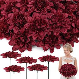 lot 4434 image: Rivvlive 50 Pack Burgundy Artificial Dahlia Flowers 3.94 Silk Flower Heads with 7.87 Bendable Wire Stems Bulk Fake Dahlias for Wedding Bouquets, Centerpieces, Home & DIY Floral Arrangements