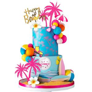 lot 4437 image: Summer Hawaiian Cake Topper with Beach Ball Sun Umbrella Goggles Beach Cake Decorations for Summer Holiday Theme Birthday Supplies (Surfboard)
