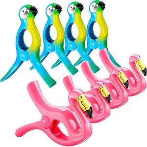 lot 4438 image: 8 Pcs Beach Towel Clips for Chairs Towels, Flamingo Parrot Heavy Duty Holders, Portable Jumbo Size Pins for Pool, Cruise Ship(Pink, Blue,Flamingo, Parrot)