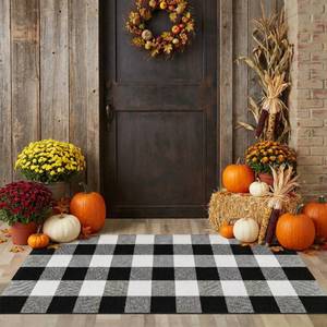 lot 4452 image: MUBIN Cotton Buffalo Plaid Rug, 24x52 Black and White Outdoor Rug Front Door Decorative Mat, Washable Doormat Foldable Area Rug Layered Door Mats Rug for Front Porch, Entryway, Patio