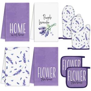 lot 4459 image: Leinuosen 8 Pcs Purple Lavender Kitchen Towels and Dishcloths Sets Oven Mitts and Pot Holders Sets Absorbent Kitchen Gloves Potholders Heat Resistant for Chef Baking Cooking