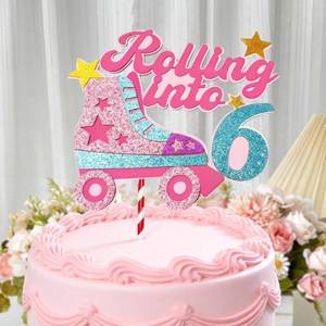 lot 4492 image: Rolling into 6 Theme Cake Toppers Happy 6th Birthday party 6 Year Old Birthday Decorations for Girls Roller Skate 6 Year Old Birthday Decorations for Girls