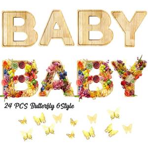 lot 5008 image: Wooden Baby Charcuterie Board Letters,4pcs Baby Shower Charcuterie Letters Fillable Plates with 24 Gold Butterfly for Baby Shower Snack Food Cake Cookies Gender Reveal Birthday Party