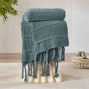 lot 5013 image: Boho Knitted Chenille Blanket with Tassels - Lightweight & Soft All-Season Throw - 3D Classic Pattern for Living Room Bedroom Couch, Celestial Blue, Throw 50x60