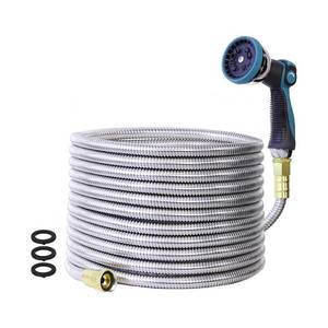 lot 5957 image: 25FT Garden Hose, Stainless Steel Water Hose Flexible with a 10-Mode Nozzle Sprayer, No Kink, Lightweight, Puncture Proof, Ideal for Indoor & Outdoor Light Use, 58 Outside Diameter
