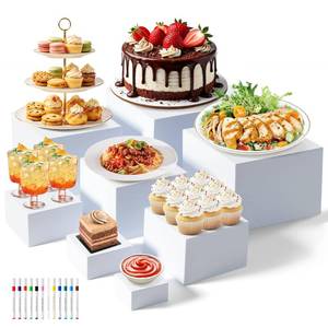 lot 5968 image: Nestable Buffet Risers - 8 Pcs White Acrylic Food Risers with Signs & Markers �� Sturdy Dessert Table Display Stands for Parties, Catering, Jewelry & Collectibles (Easy-Store Stackable Cubes 10,9,8, 7, 6, 5, 4, 3)