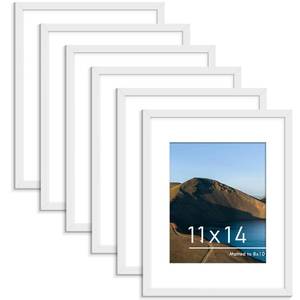 lot 5971 image: PEALSN 11x14 Picture Frame Set of 6, Display Pictures 8x10 with Mat or 11x14 without Mat for Wall Mounting or Table Top Display, Photo Frames Collage for Wall Decor, White.