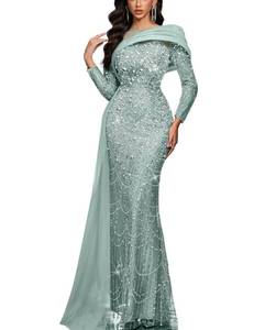 lot 5982 image: VOUIAO Women Sequin Beaded Mermaid Formal Evening Gown Long Sleeve Prom Dress Bodycon Wedding Guest Party Cocktail Maxi Dress Mint Blue XL