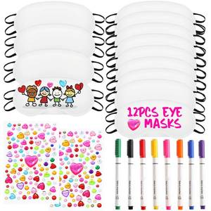 lot 6210 image: 22 PCS Sleepover Party Supplies, 12 PCS Sleep Eye Masks White Blindfold Slumber Eye Covering with 2 Sheets Self-Adhesive Heart Rhinestones Gems&8 PCS Fabric Marker Pens