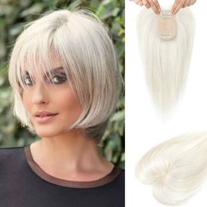 lot 6237 image: Flufymooz Real Human Hair Toppers for women, 10 Inch Clip in Bangs 100�� Human Hair Toppers for Thinning Hairpiece, Cover Hairpiece with 150% Density Silk Base-Silver White