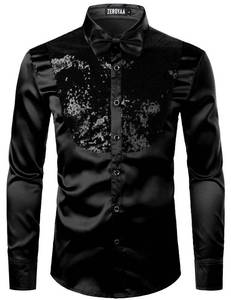 lot 6244 image: ZEROYAA Mens Shiny Sequins Design Silk Like Satin Button Up Disco Party Dress Shirts with Bow Tie ZLCL22-Black Solid Medium