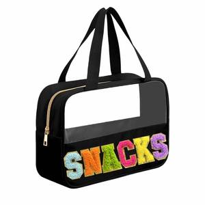 lot 6268 image: Kovewon Chenille Letter Snacks Bag Clear Snack Bag Pouch with Handle and Zipper Waterproof Nylon Portable Travel Tote Makeup Bag for Women