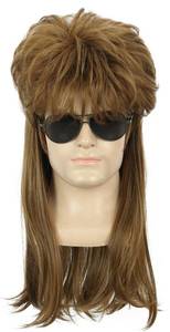 lot 6276 image: yuehong Adult Long Curly Light Brown Mullet Mens Wig 70s 80s Rocker Star Style Wig Heat Resistant Synthetic Fibers Soft Breathable Costume Hair