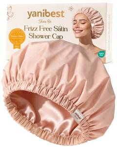 lot 6283 image: Yanibest Satin Lined Shower Cap for Women Reusable Waterproof, Frizz Free & Large Bath Cap with Soft Elastic Band, Luxury Hair Protection Caps (Peachy Pink)
