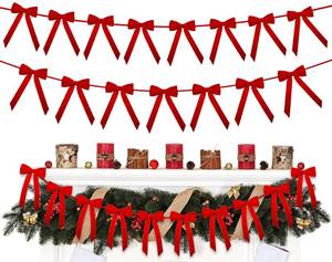 lot 6304 image: Christmas Velvet Bows Garland, 10ft Pre-Strung Bright Red Christmas Garland Banner with 15 Bows, Indoor Vintage Elegant Velvet Ornaments Home Decor Decorations for Mantle Tree Party Wall Office