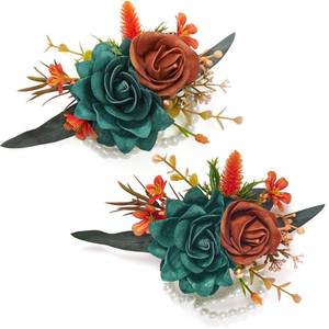 lot 6342 image: Serwalin 2 Pcs Wrist Corsage, 6-7 Inch Teal Orange Corsage for Wedding, Bridesmaid Mother Grandmother, Artificial Flowers for Prom Ceremony Anniversary