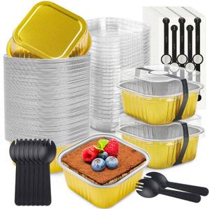 lot 11129 image: NPLUX Square Foil Cups with Lids, 50 Pack Gold 5oz for Dessert Displays