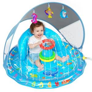 lot 11136 image: Qmioti Baby Splash Pad, Inflatable Baby Pool Float with Canopy, Splash Pad with Stackable Rings & Hanging Toys for Toddlers, Baby Pool Sprinkler, Outdoor Water Play Toys for Boys Girls