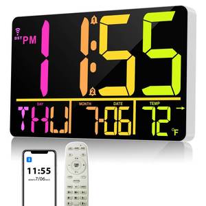 lot 11142 image: tawiliysy 13 Bluetooth Auto Sync Wall Clock- Large Digital Alarm Clock with Remote, RGB Color Changing, 25 Ringtones, Adjustable Brightness, Auto DST, for Living Room, Kitchen, Office, Elderly