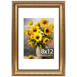 lot 11143 image: JCJMY 8x12 Vintage Picture Frame with 6x8 Mat, Elegant Retro 8 by 12 Photo Frame with Shatter-Resistant Plexiglass for Wall or Tabletop Display, Gallery Decor & Gift, Gold, 1 Pack