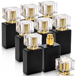 lot 11151 image: Foraineam 8 Pack 30ml  1 oz. Black Refillable Perfume Bottles, Portable Square Empty Glass Perfume Atomizer Bottle with Spray Applicator (Missing One)
