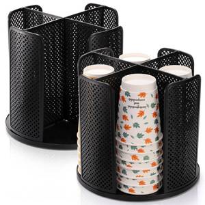 lot 11159 image: Eorbow 2 Pack Coffee Cup Dispenser, Rotatable 4 Compartment Cup and Lid Holder, Plastic Paper Cup Storage Organizer for Office Restaurant Breakroom Coffee Station Bar Buffet Kitchen Countertop