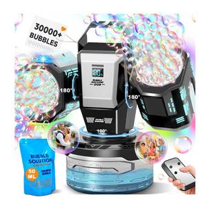 lot 11162 image: Rechargeable Bubble Machine with RGB Lights 30,000 Bubbles Storm, Auto 360° Rotation & Remote Control - with Bubble Refill Solution & Power Display for Romantic Weddings, Kids Parties, Outdoor Fun (Slight Use)