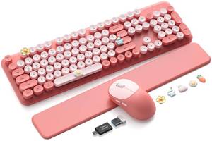 lot 11164 image: Wireless Keyboard and Mouse Combo, Typewriter Keyboard with Magnetic Wrist Rest, Full-Size Cute Round Keycaps, Sleep Mode, 2.4G Keyboards for MacWindowsPC, Office or Home, Trueque CK23Pro