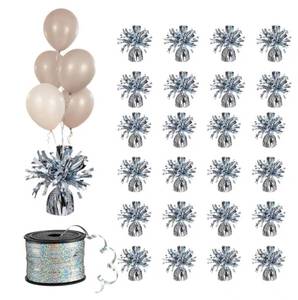 lot 11166 image: Moretreat Balloon Weights - 24 Pack with Curling Ribbon Silver 100g, Metallic Balloon Anchor Set for Helium Balloons, Heavy Duty Balloon Holders for Party Decorations Birthday Wedding Events