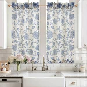lot 12032 image: DriftAway Kitchen Curtain Floral Tier Linen Short Floral Paisley Patterned Cafe Curtains 45 Inch Length for Living Room Bathroom Freda Jacobean Farmhouse Country Drapes Rod Pocket 2 Panels Navy