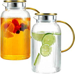 lot 12036 image: 2 PACK Glass Pitcher with Lid, 68oz2Liter Borosilicate Glass Water Pitcher, Heat Resistant Vertical Striped Water Carafe for Iced Tea, Fruit Tea, and Hot Beverages, Dishwasher Safe (Only One)