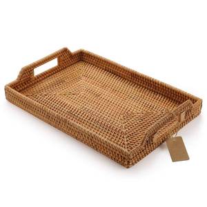 lot 12047 image: Hand-Woven Rattan Rectangular Serving Tray with Handles for Breakfast, Drinks, Snack for Coffee Table (17x11.4x1.8inches) (Damaged)