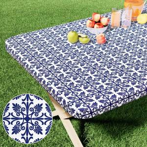 lot 12056 image: misaya Rectangle Vinyl Table Cloth, Elastic Fitted Flannel Backed Tablecloth, 100% Waterproof Plastic Table Cover Fits 6 Foot Folding Tables for Picnic, Camping, Outdoor (Navy Blue, 30 x 72)
