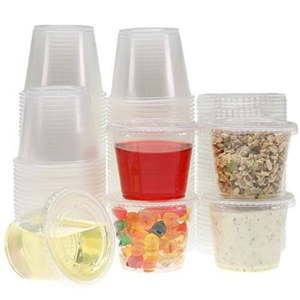 lot 12407 image: Freshware Plastic Portion Cups with Lids 5.5 Ounce  100 Sets Souffle Cups  Jello Shot Cups  Condiment Sauce Containers For Sampling  Sauce  Snack or Dressing