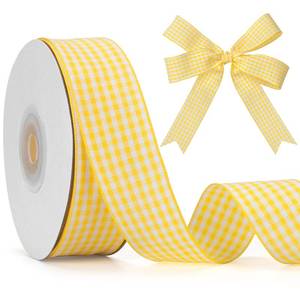 lot 12438 image: GHGMAO Yellow and White Gingham Ribbon, Taffeta Plaid Ribbon 1 Inch x 25 Yards, Yellow Checkered Ribbons for Gift Wrapping, Picnic, DIY Crafts, Wreath, Wedding, Home Decor