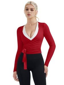 lot 12449 image: SUUKSESS Women Pilates Wrap Workout Cropped Top Ribbed Long Sleeve V Neck Tie Front Ballet Yoga Shrug Blouse(Red,XS)