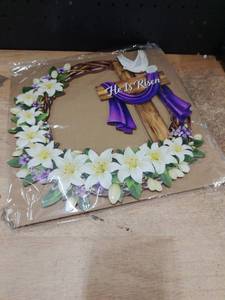 lot 14341 image: He Is Risen Easter Wreath with White Lilies Purple Ribbon Cross