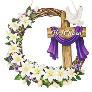 lot 14351 image: ONEHAUS He is Risen Easter Decorations Wooden Wreath for Front Door Sign, Christian Jesus Easter Porch Decor Welcome Hanging Sign for Outdoor, Cross Lily Wall Hanging Wreath for Party Home Indoor