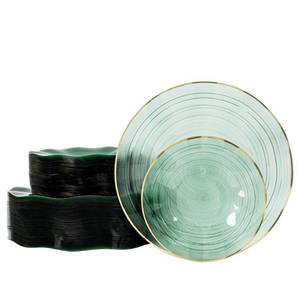 lot 19935 image: 100PCS Green Plastic Plates-Crystal Design Green Wave Disposable Plates with Gold Rim, Fancy Disposable Plates Include 50 Dinner Plates, 50 DessertSalad Plates for Party & Christmas