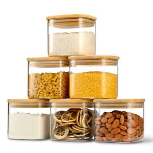lot 19937 image: D2scrma 22oz Airtight Square Spice Containers with Bamboo Lid Set of 6 (650ml) Kitchen Pantry Organization Jar Stackable Spice Jar, for Sugar, Tea, Cookies and Coffee beans (��with Black Lable) (1 Missing Lid)