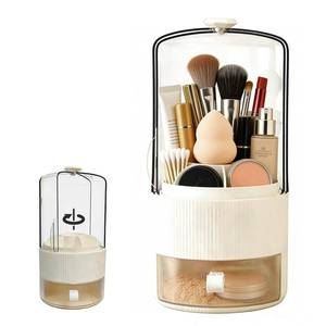lot 19957 image: DHSUN Makeup Brush Holder With Lid, 360° Rotating Makeup Brush Organizer With Drawer, Toothbrush Holder With Cover & 7-Compartment (White)